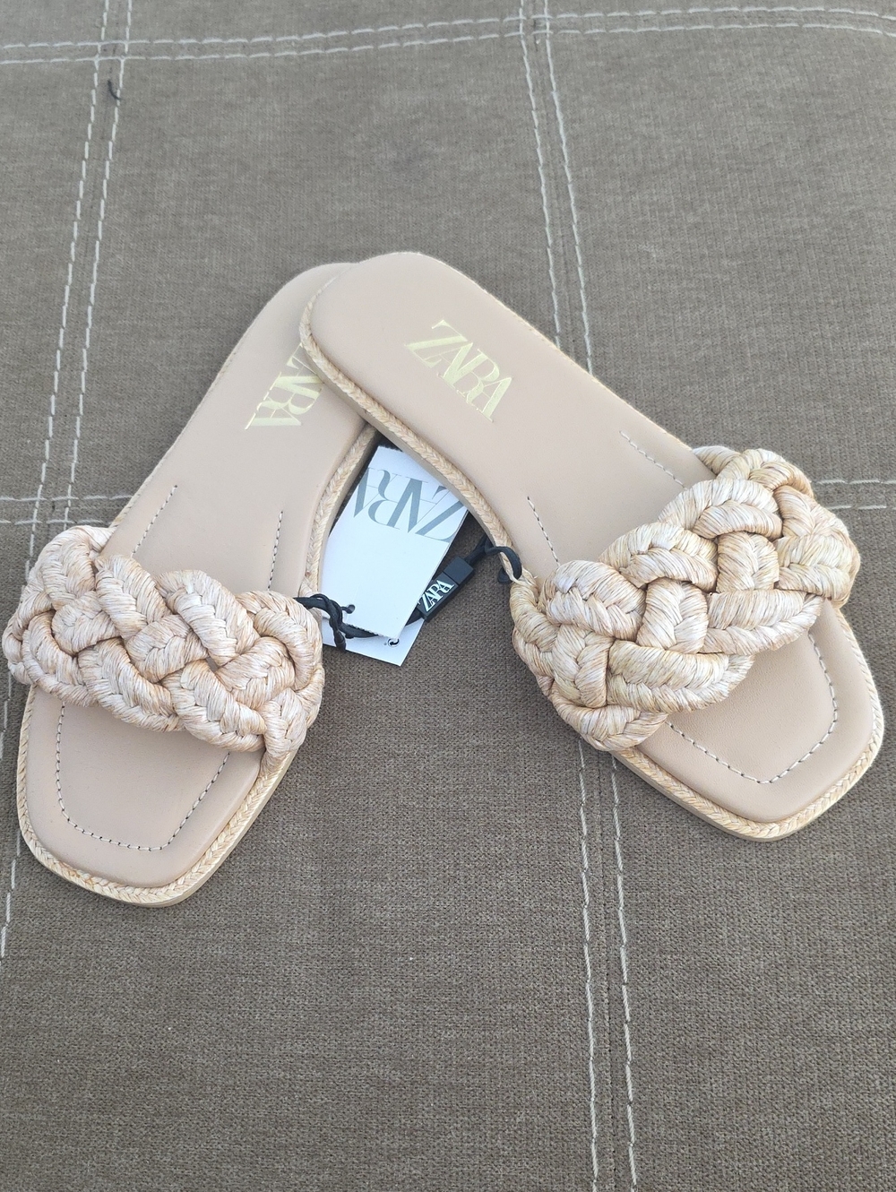 ZARA Beige Braided Strap Slide Sandals